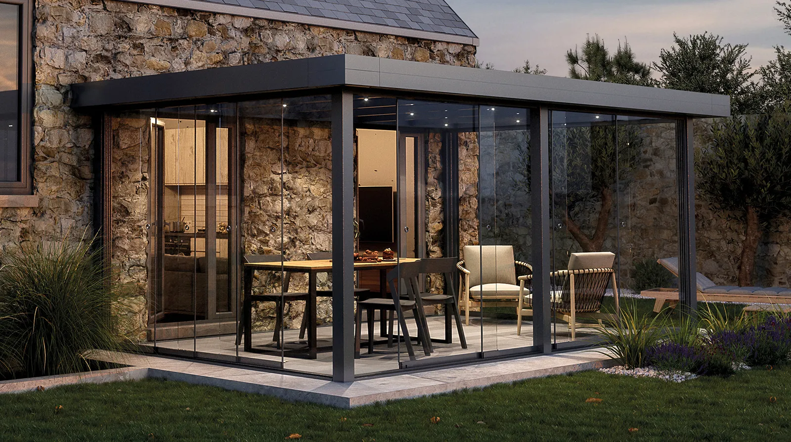 Terrassendach Flachdach XL Wandanschluss - Beispielbild auf 3 Pfosten als Gartenzimmer 
