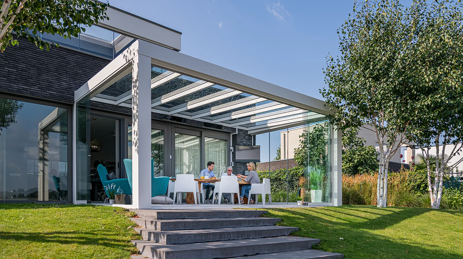 Terrassendach CUBE Flachdach XXL Wandanschluss - Beispielbild als Gartenzimmer