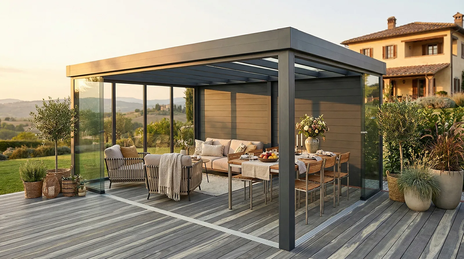 Terrassendach Flachdach XL freistehend - Beispielbild freistehend als Freisitz mit Aluminium-Planken-Rückwand