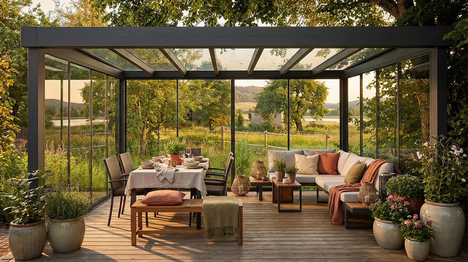 Terrassendach Flachdach XL freistehend - Beispielbild freistehend als Freisitz mit Glasrückwand