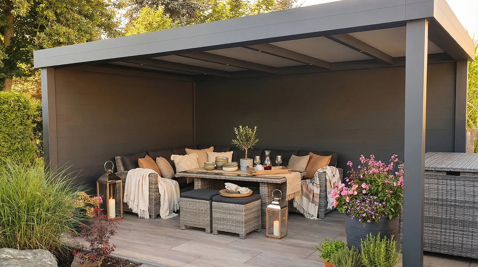 Terrassendach Flachdach XL freistehend - Beispielbild freistehend als Freisitz mit Sandwichplatten als Dacheindeckung