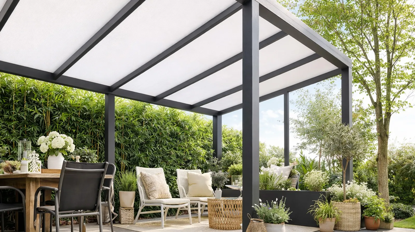 Terrassendach Premium Xl freistehend - in anthrazit 7016 oder weiß 9016 - Beispielbild als Freisitz