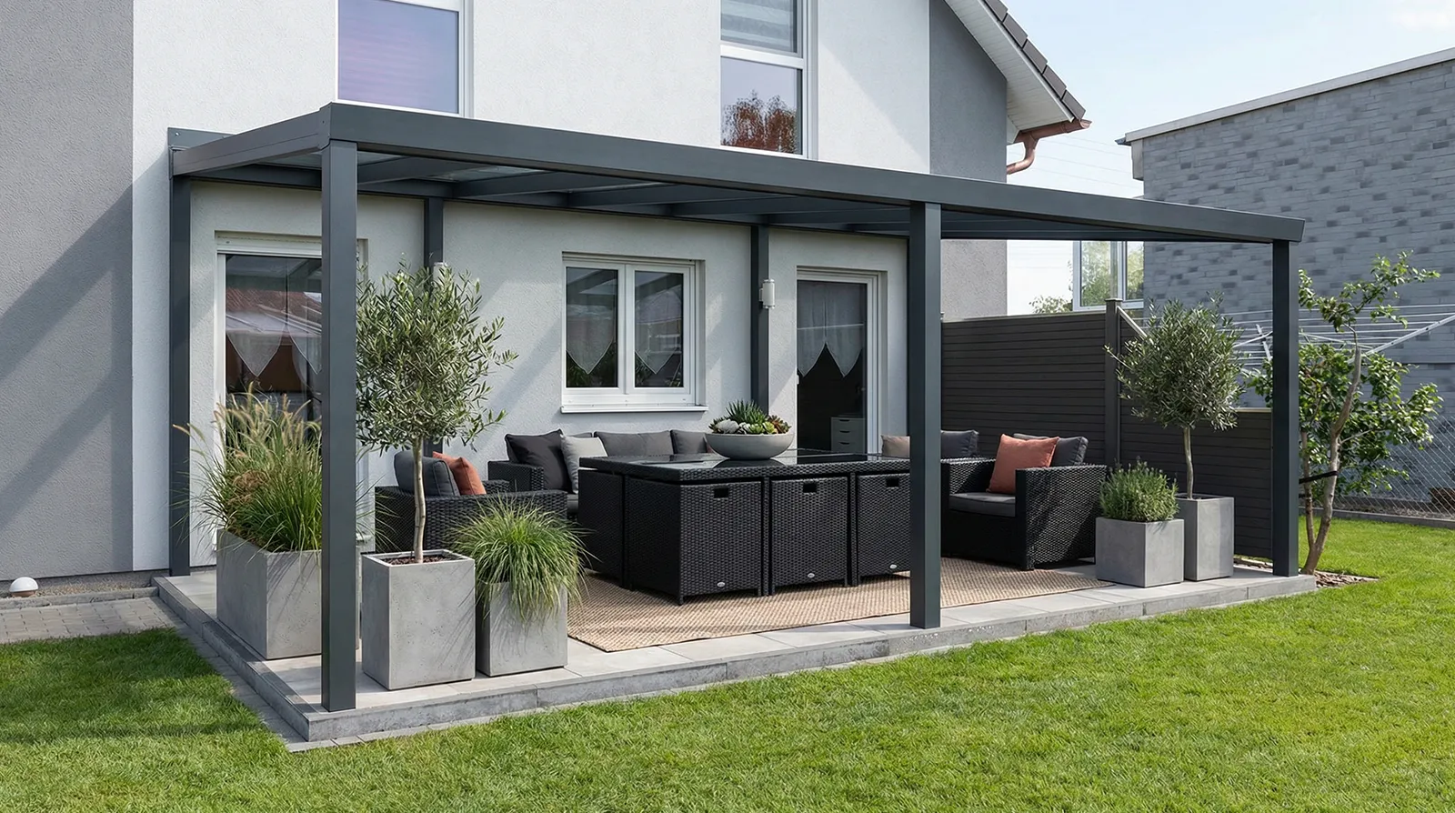Terrassendach Premium Xl freistehend - in anthrazit 7016 oder weiß 9016 - Beispielbild freistehend vor der Hauswan