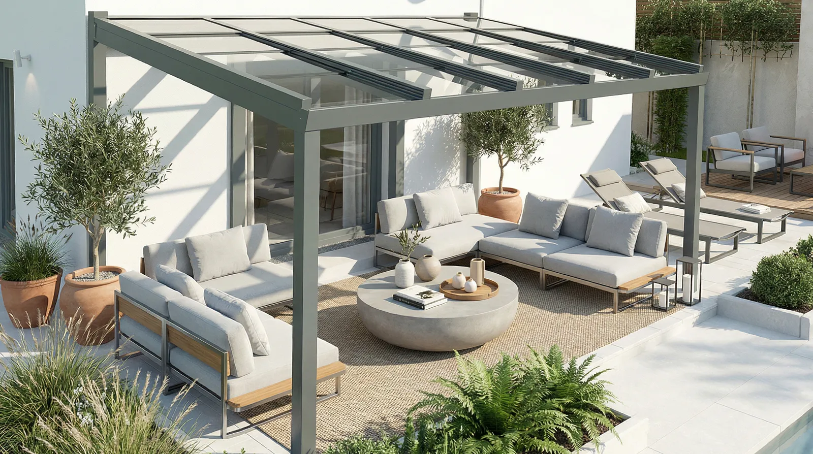 Terrassendach Schiebedach freistehend - in anthrazit 7016 oder weiß 9016 - Beispielbild mit GIGA-Rinne auf 2 Pfosten