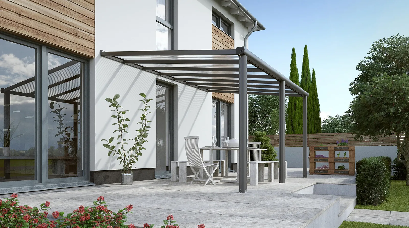 Terrassendach Aktionsmodell Kpmpakt XXS anthrazit 7016 - Beispielbild 01 mit 3 Pfosten