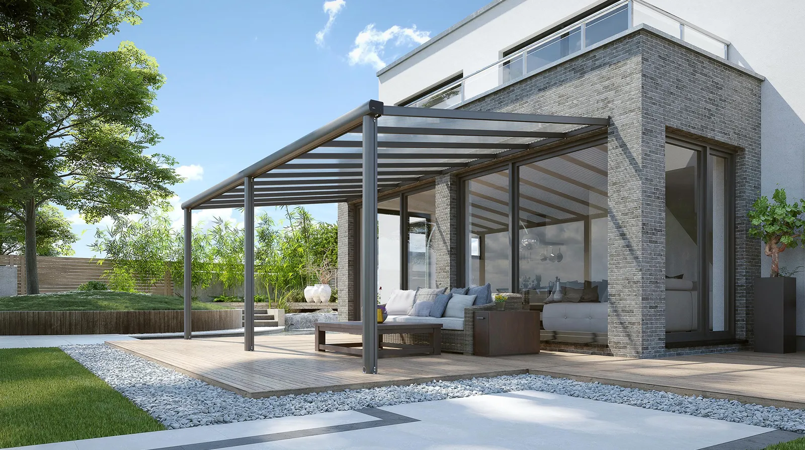 Terrassendach Aktionsmodell Kpmpakt XXS anthrazit 7016 - Beispielbild 02 mit 3 Pfosten