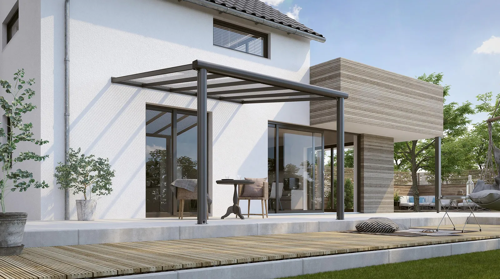 Terrassendach Aktionsmodell Kpmpakt XXS anthrazit 7016 - Beispielbild 03 mit 2 Pfosten