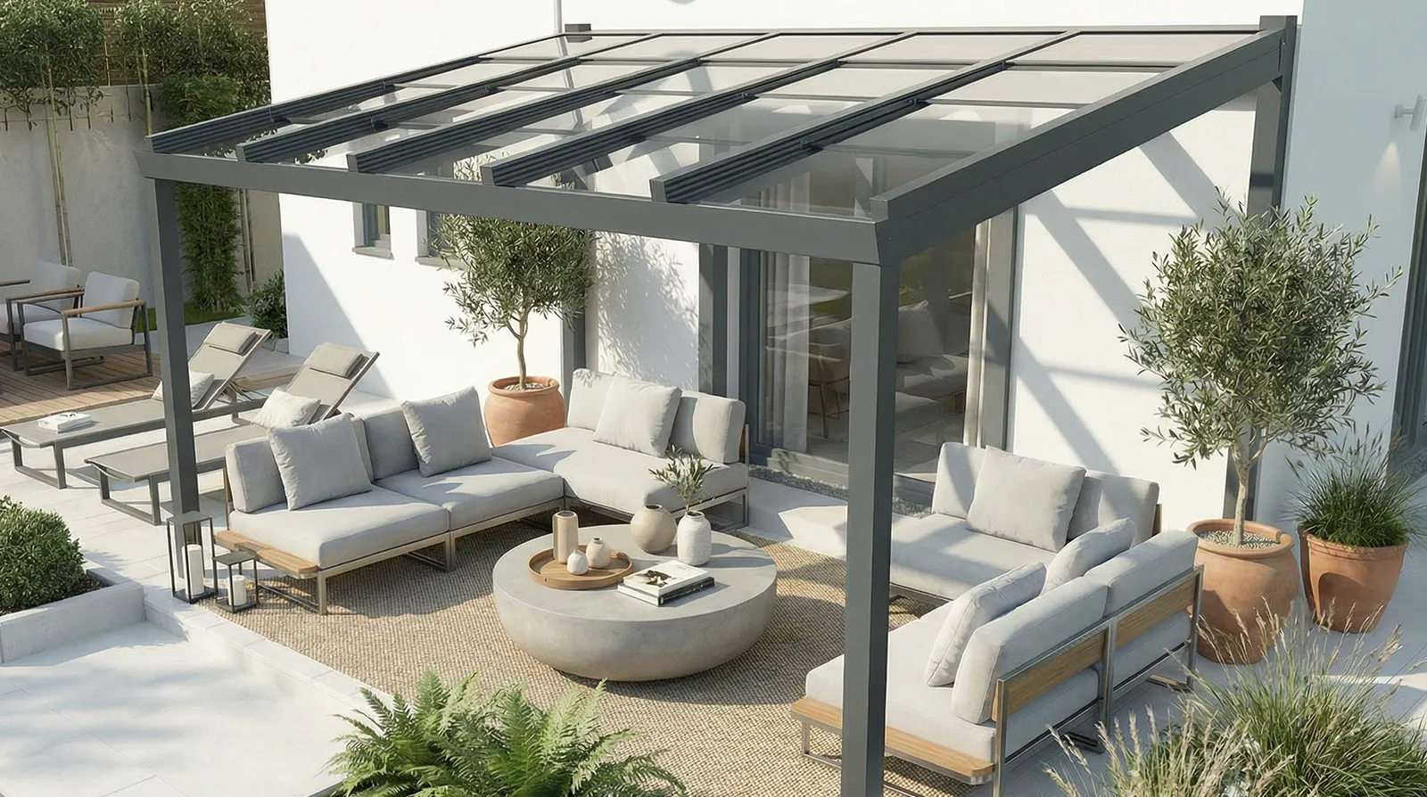 Terrassendach Schiebedach - in anthrazit 7016 oder weiß 9016 - Beispielbild mit GIGA-Rinne auf 2 Pfosten