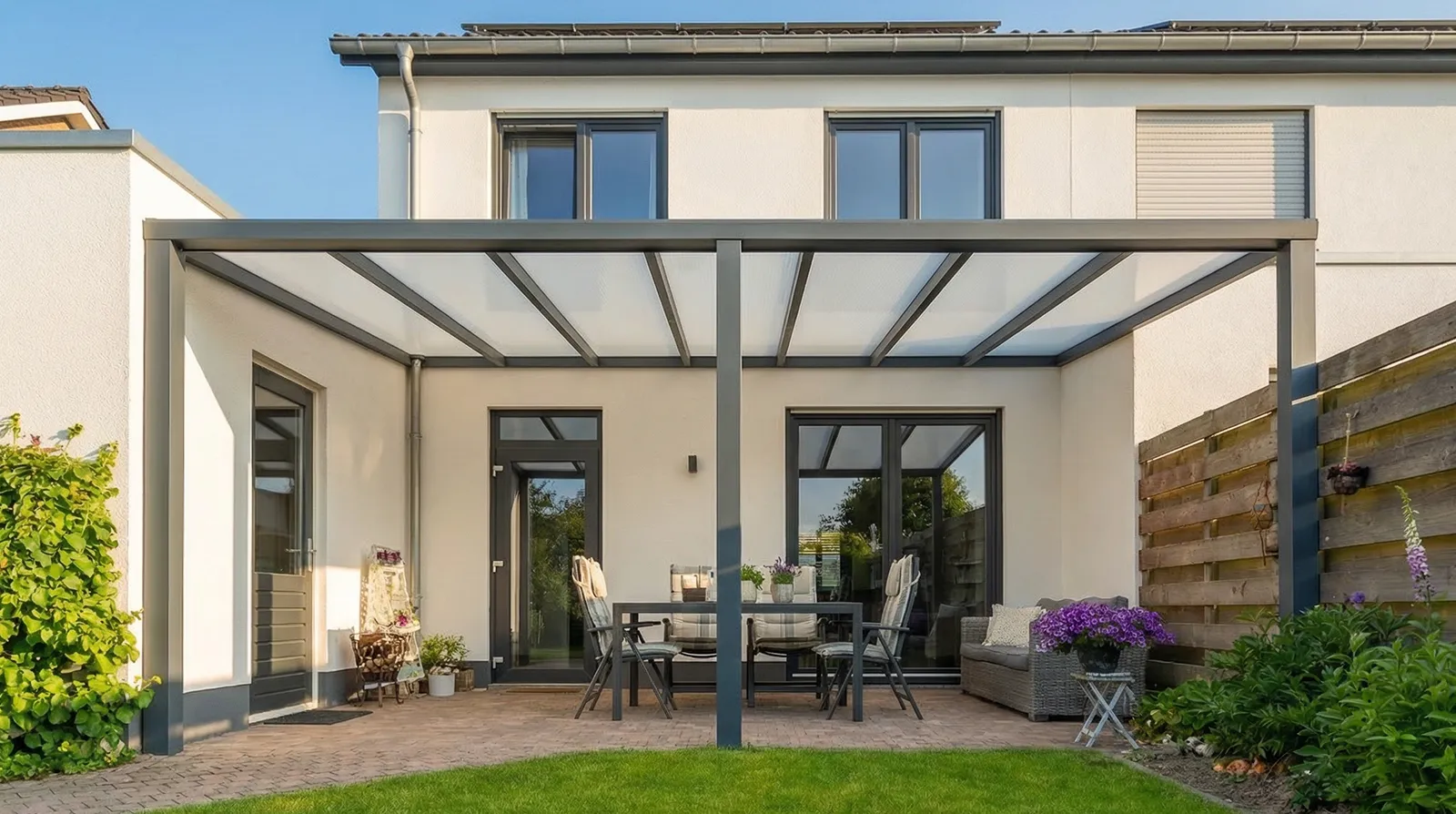 Terrassendach Einsteiger XS in anthrazit 7016 oder weiß 9016 - Beispielbild auf 3 Pfosten