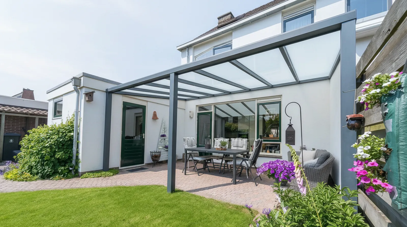 Terrassendach Einsteiger XS in anthrazit 7016 oder weiß 9016 - Beispielbild auf 3 Pfosten
