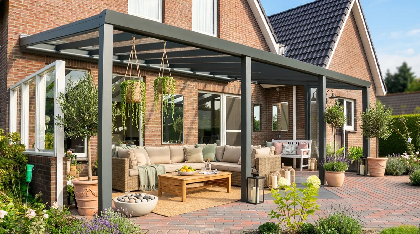 Terrassendach Premium XL - in anthrazit 7016 oder weiß 9016 - Beispielbild auf 4 Pfosten