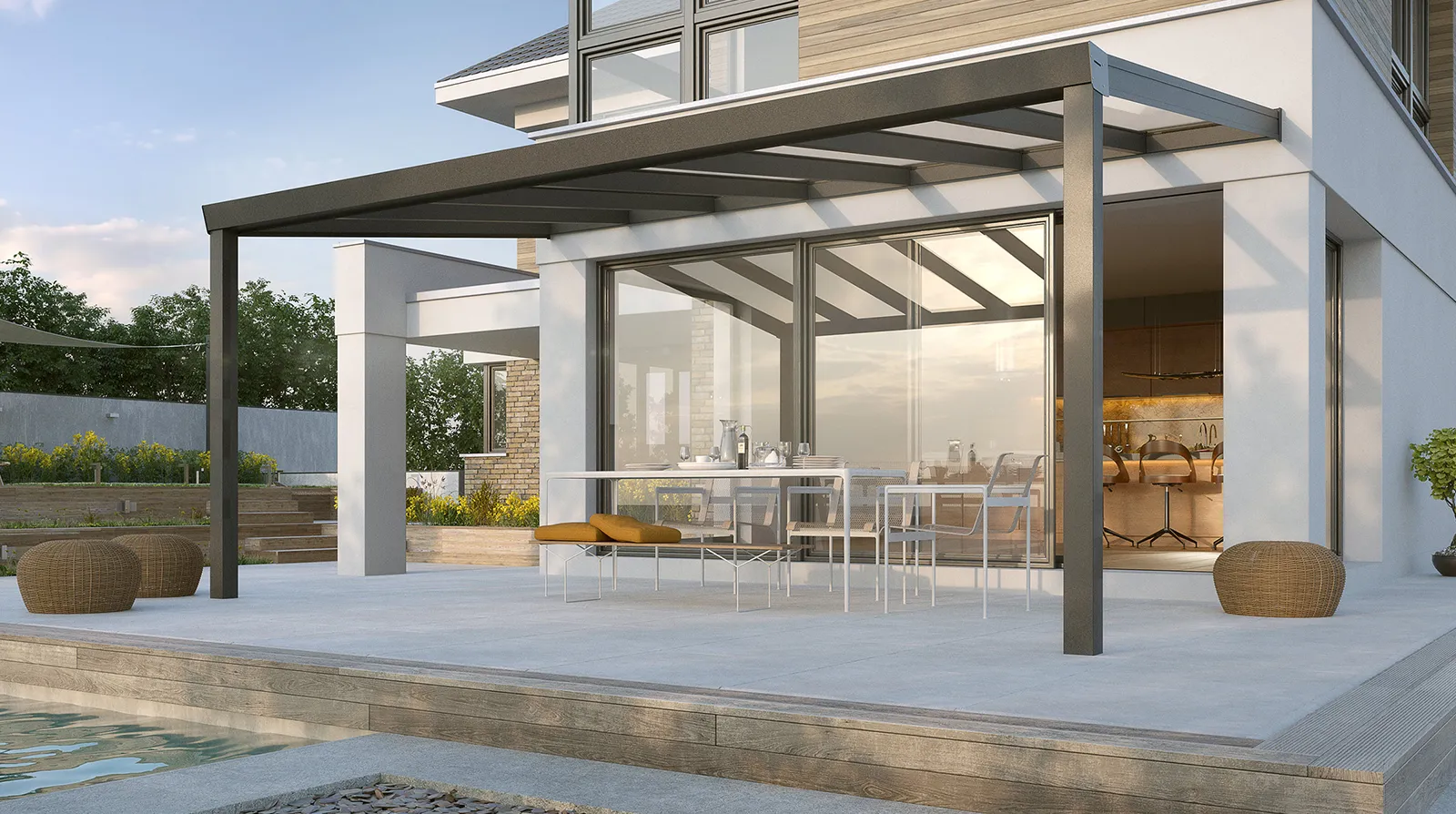 Terrassendach Premium XL - in anthrazit 7016 oder weiß 9016 - Beispielbild auf 2 Pfosten