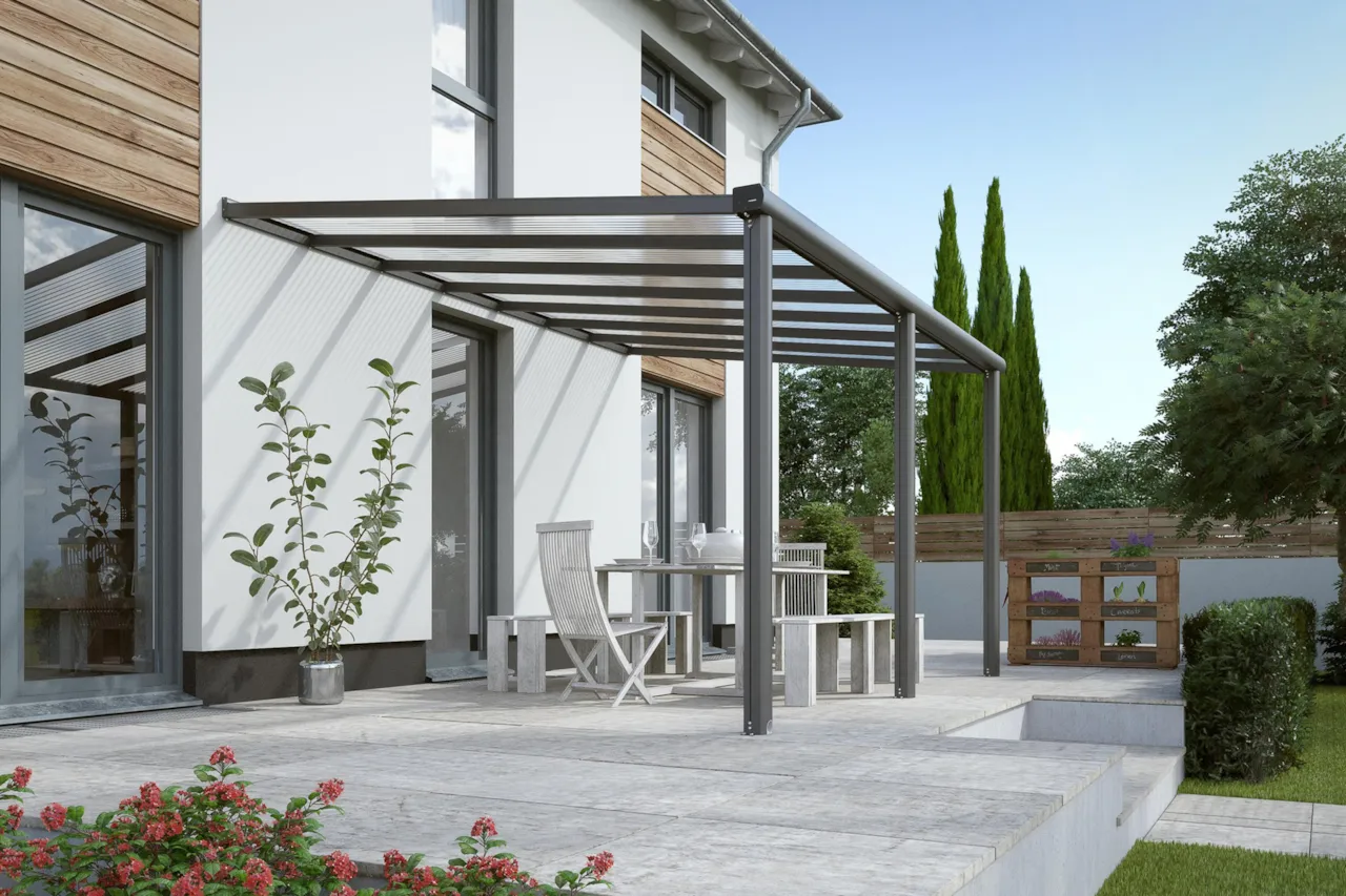 Terrassendach Aktionsmodell Kpmpakt XXS - Beispiel auf 3 Pfosten
